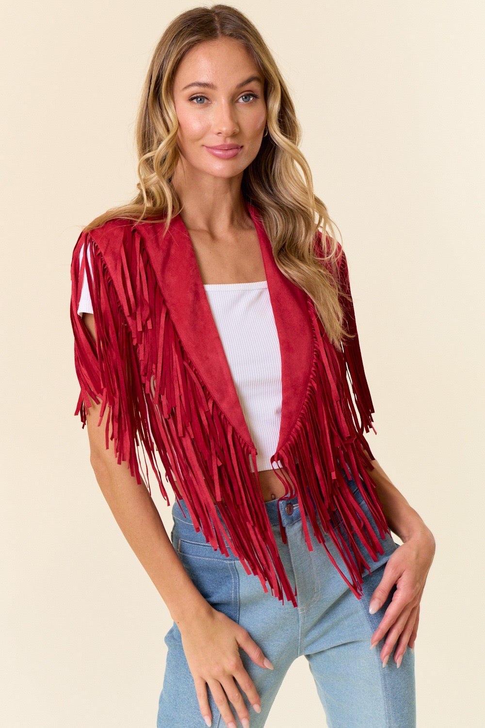 Women Red Fringe Western Top