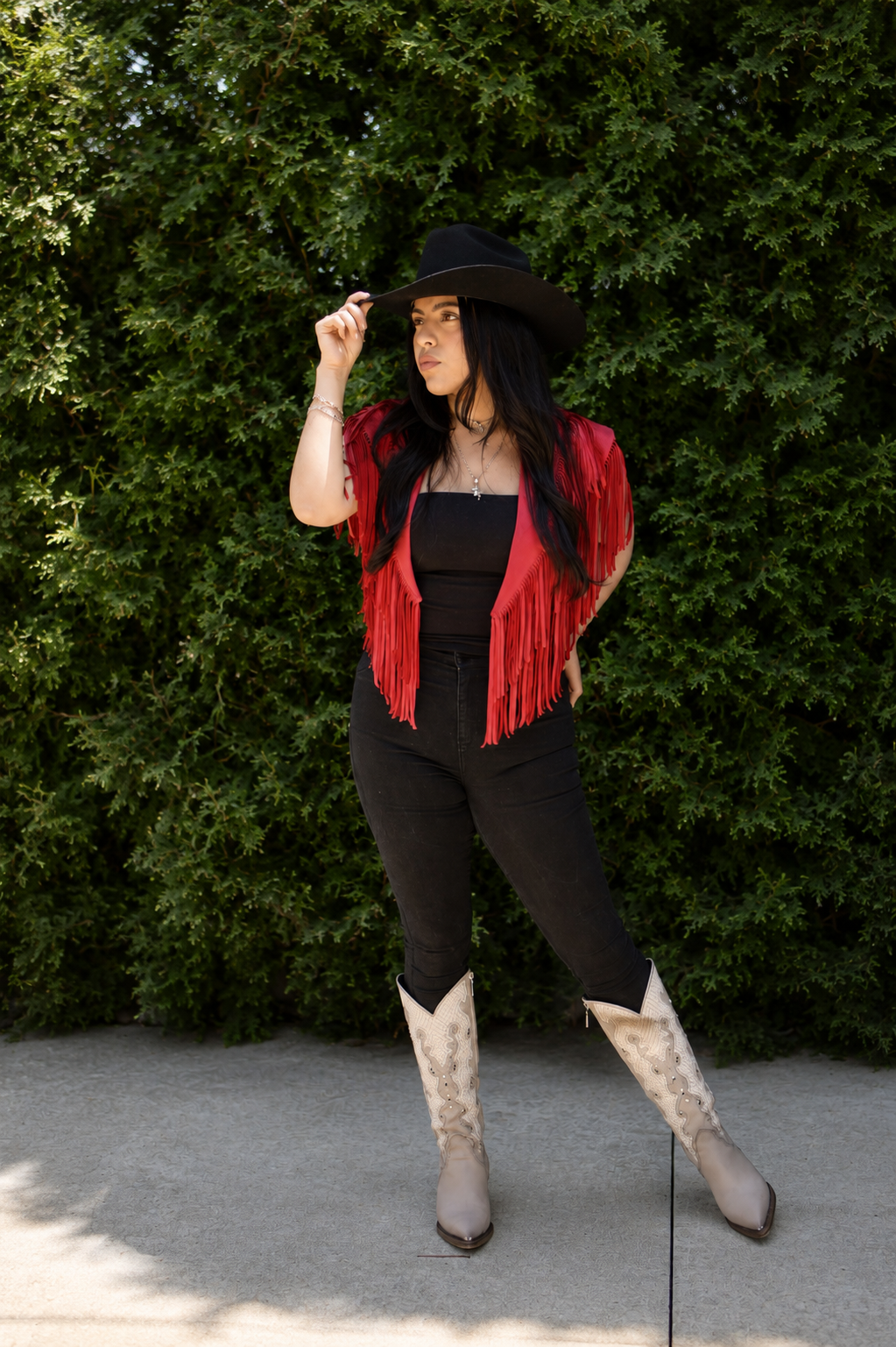 Women Red Fringe Western Top