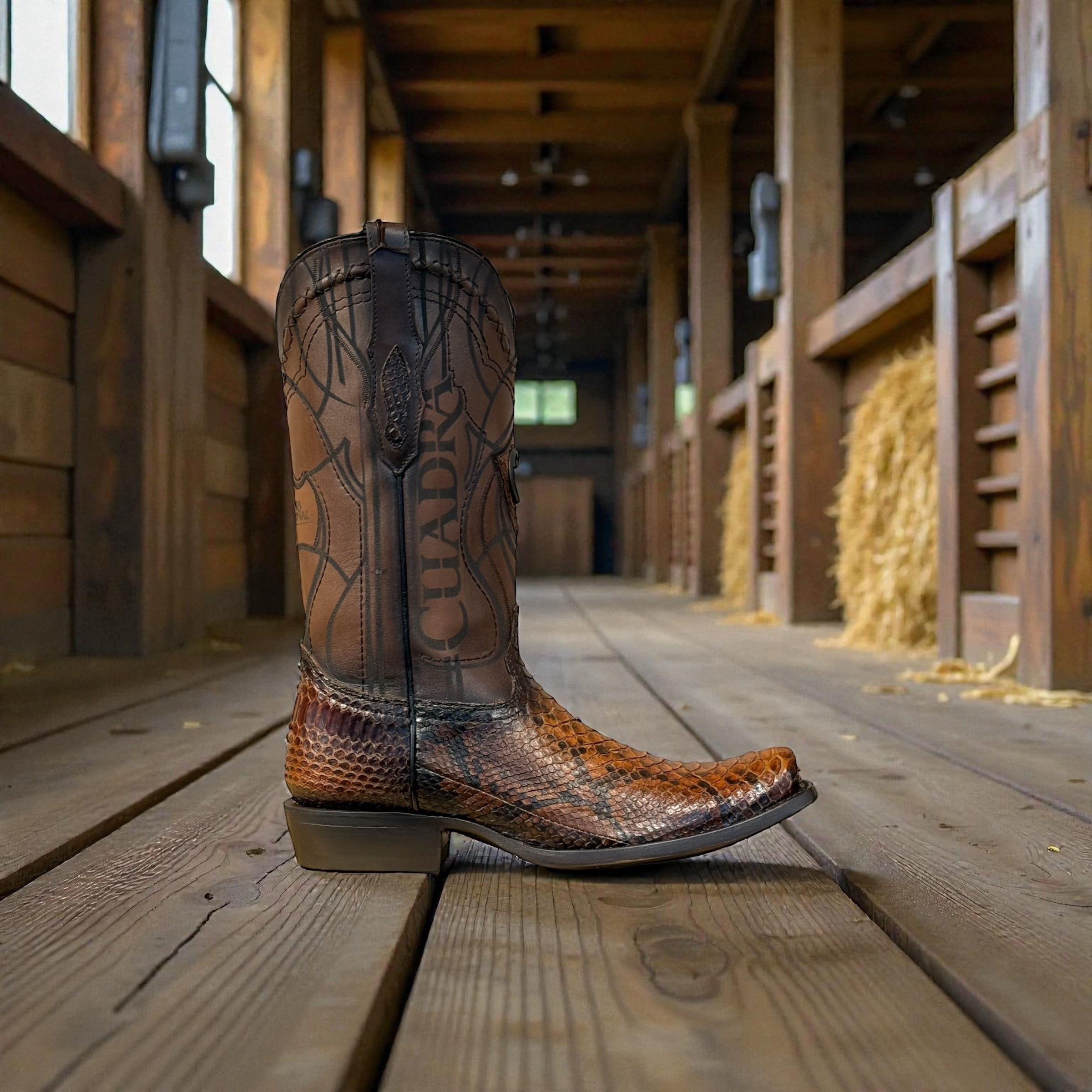 Men Brown Python Laser & Embroidery Narrow Square Toe – Wide (EE)