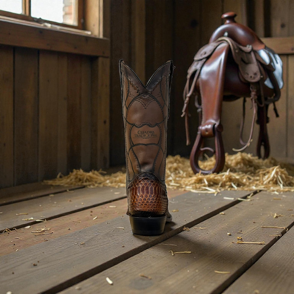 Men Brown Python Laser & Embroidery Narrow Square Toe – Wide (EE)