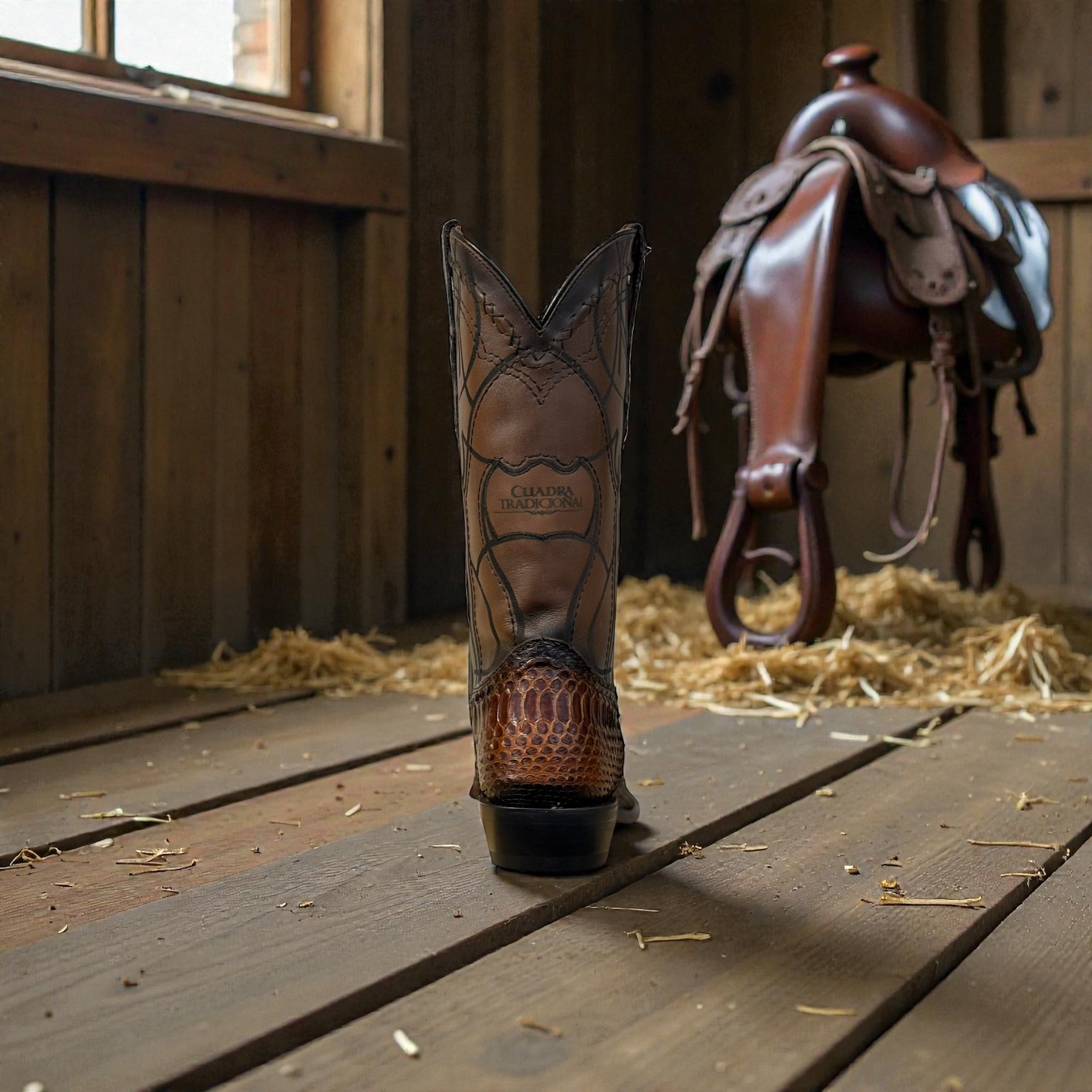 Men Brown Python Laser & Embroidery Narrow Square Toe – Wide (EE)