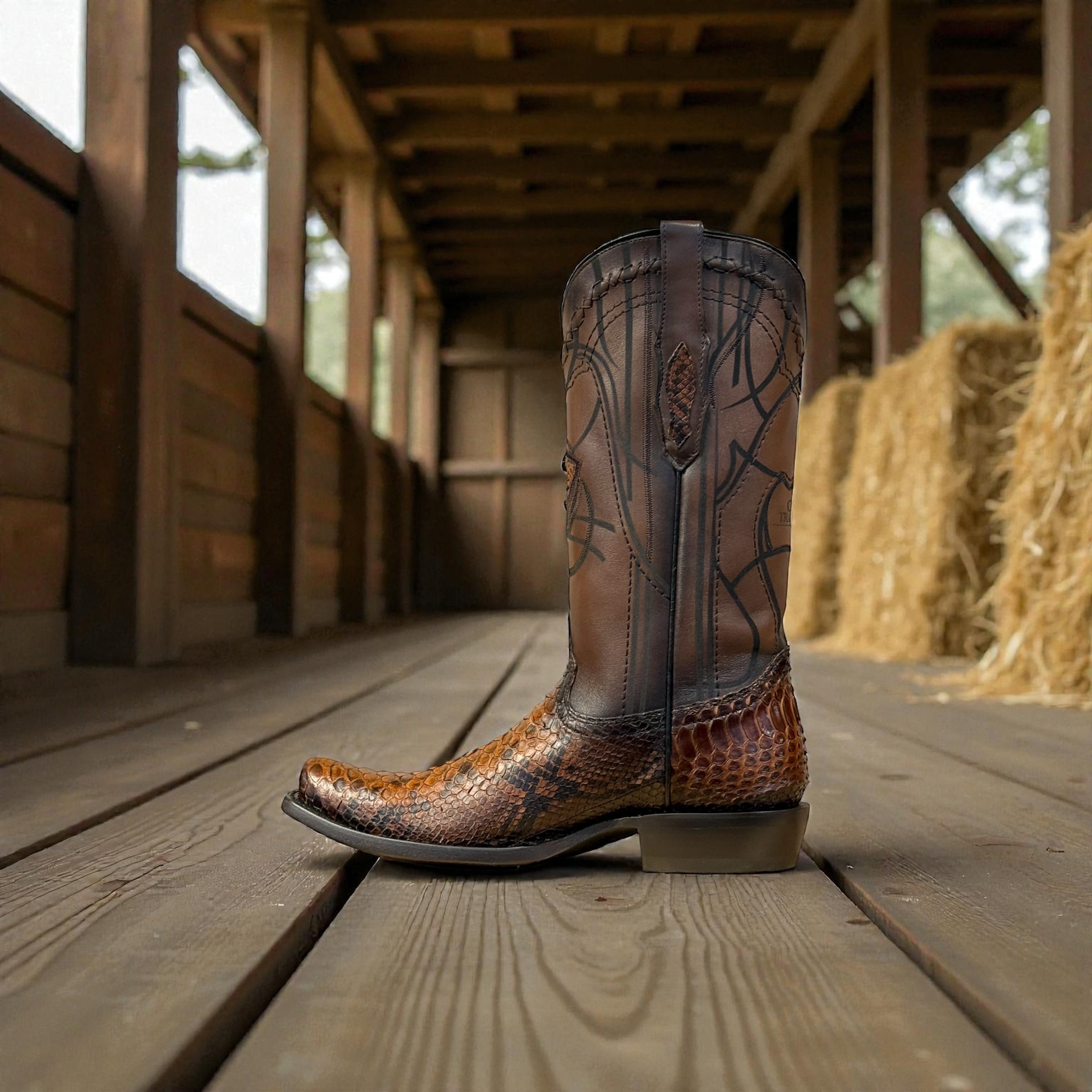 Men Brown Python Laser & Embroidery Narrow Square Toe – Wide (EE)