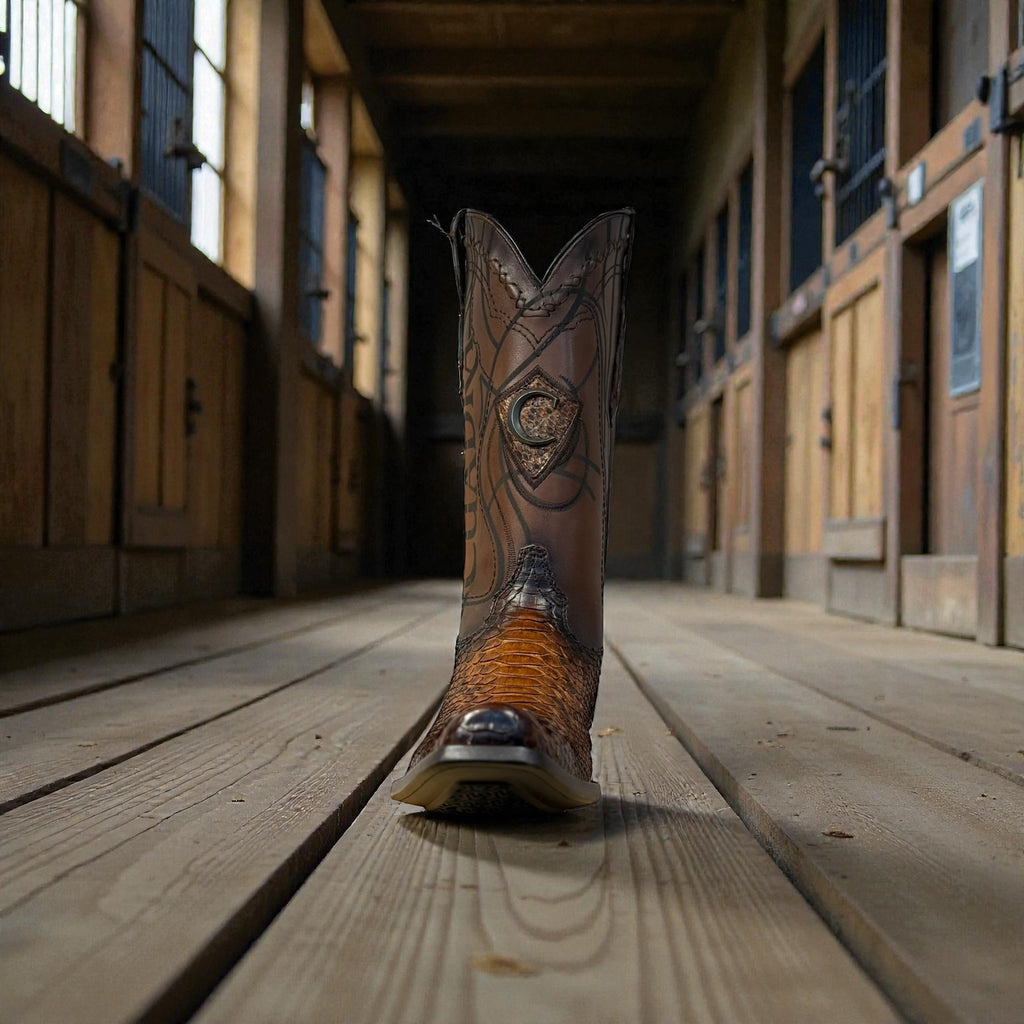 Men Brown Python Laser & Embroidery Narrow Square Toe – Wide (EE)