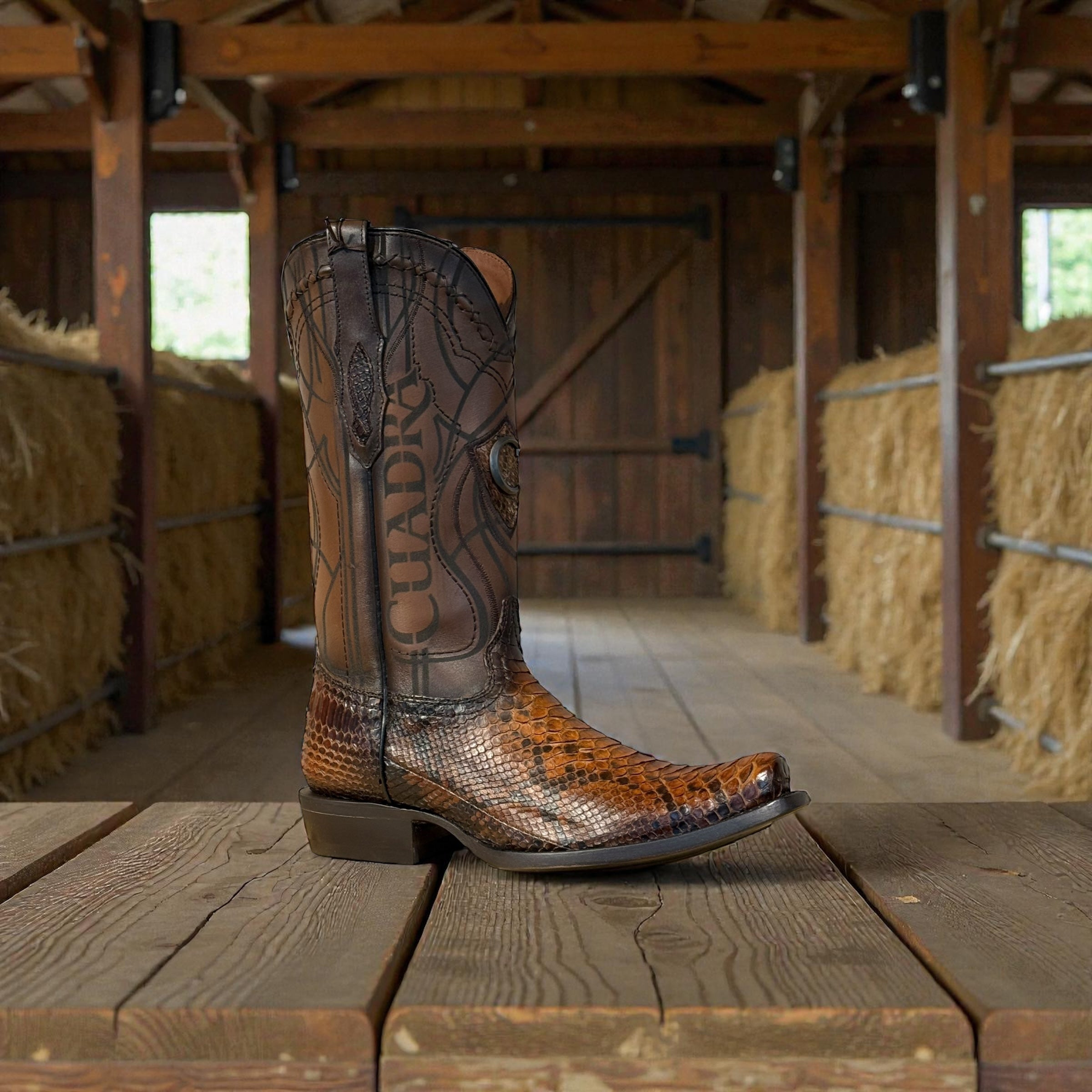 Men Brown Python Laser & Embroidery Narrow Square Toe – Wide (EE)