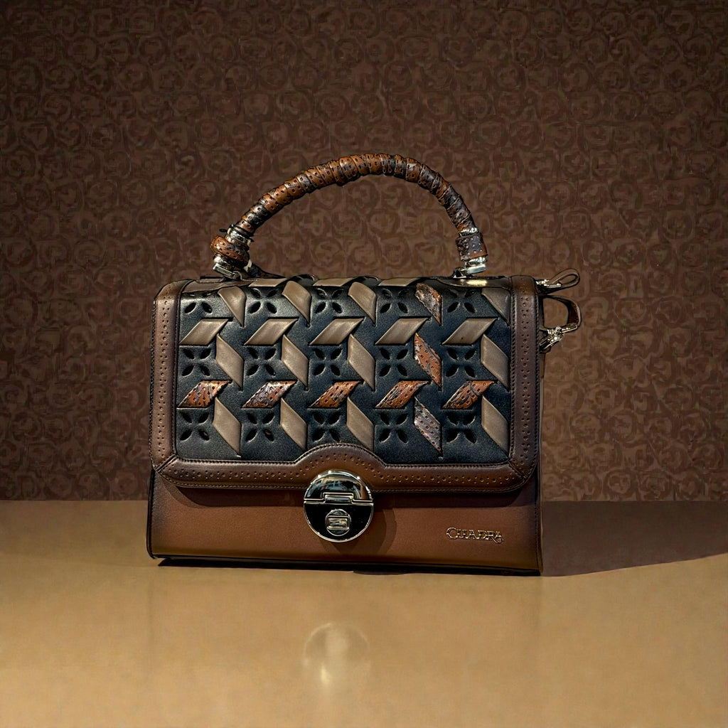 BROWN PRINTED TOP HANDLE HANDBAG