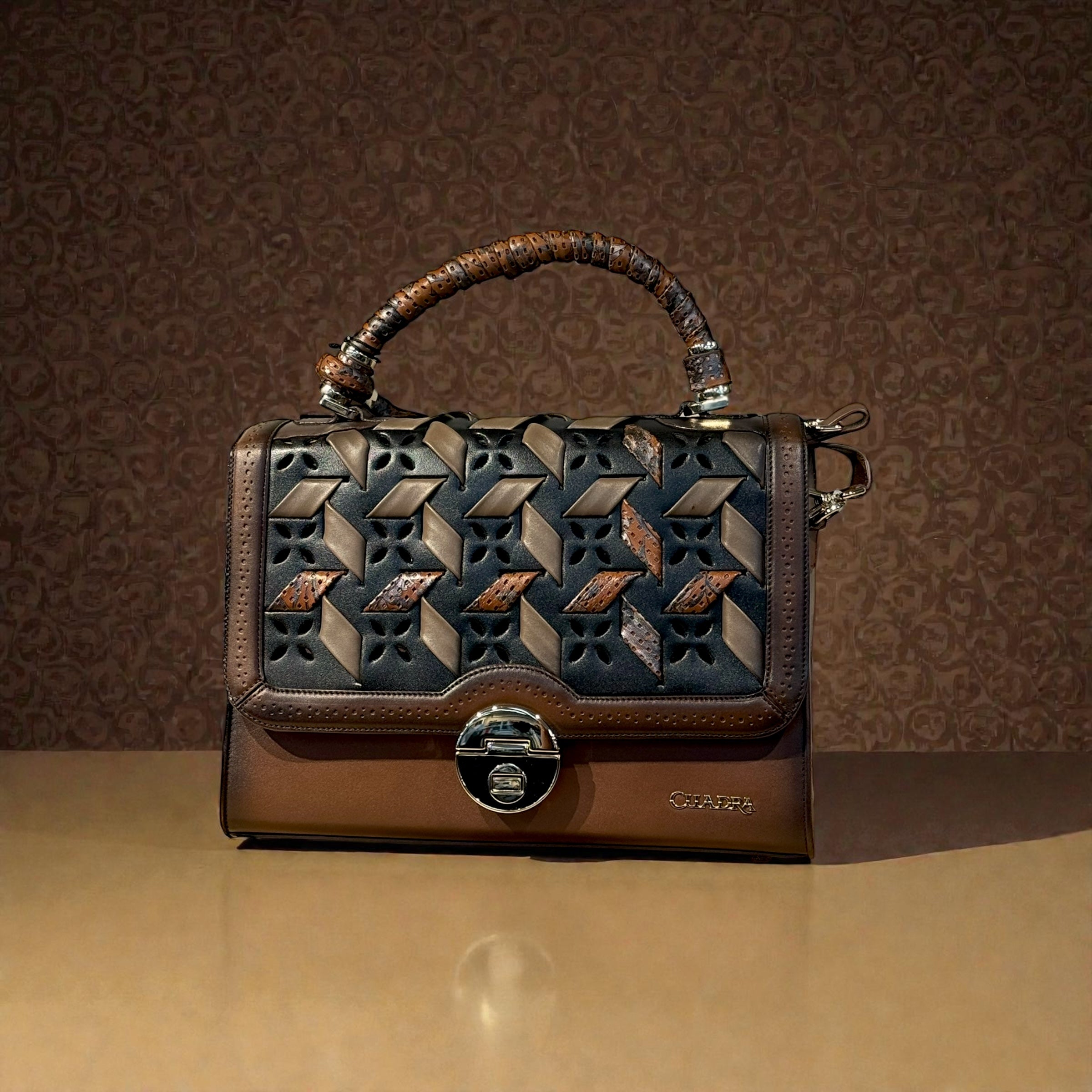 BROWN PRINTED TOP HANDLE HANDBAG