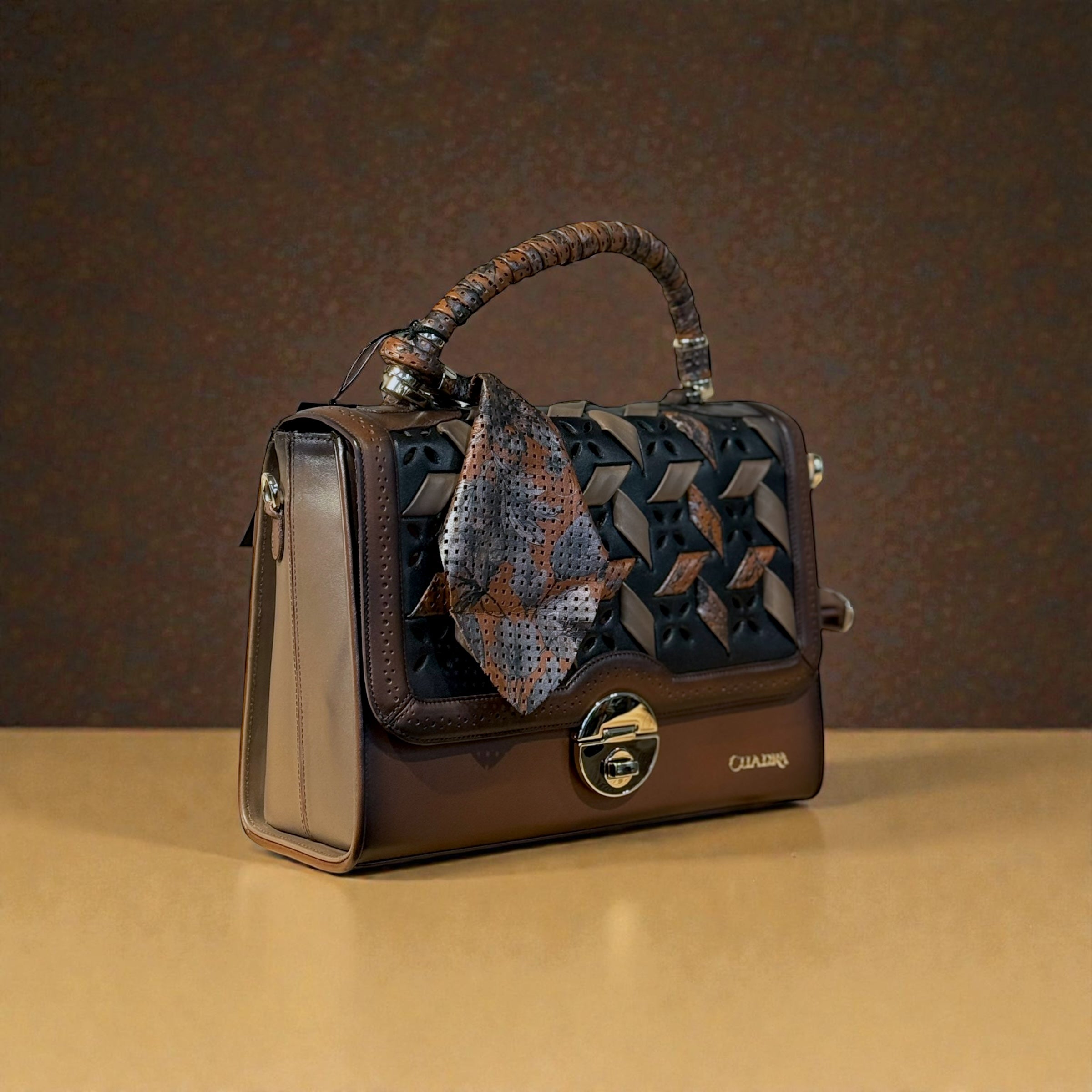 BROWN PRINTED TOP HANDLE HANDBAG