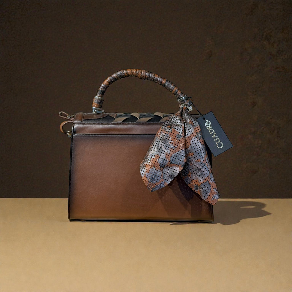 BROWN PRINTED TOP HANDLE HANDBAG