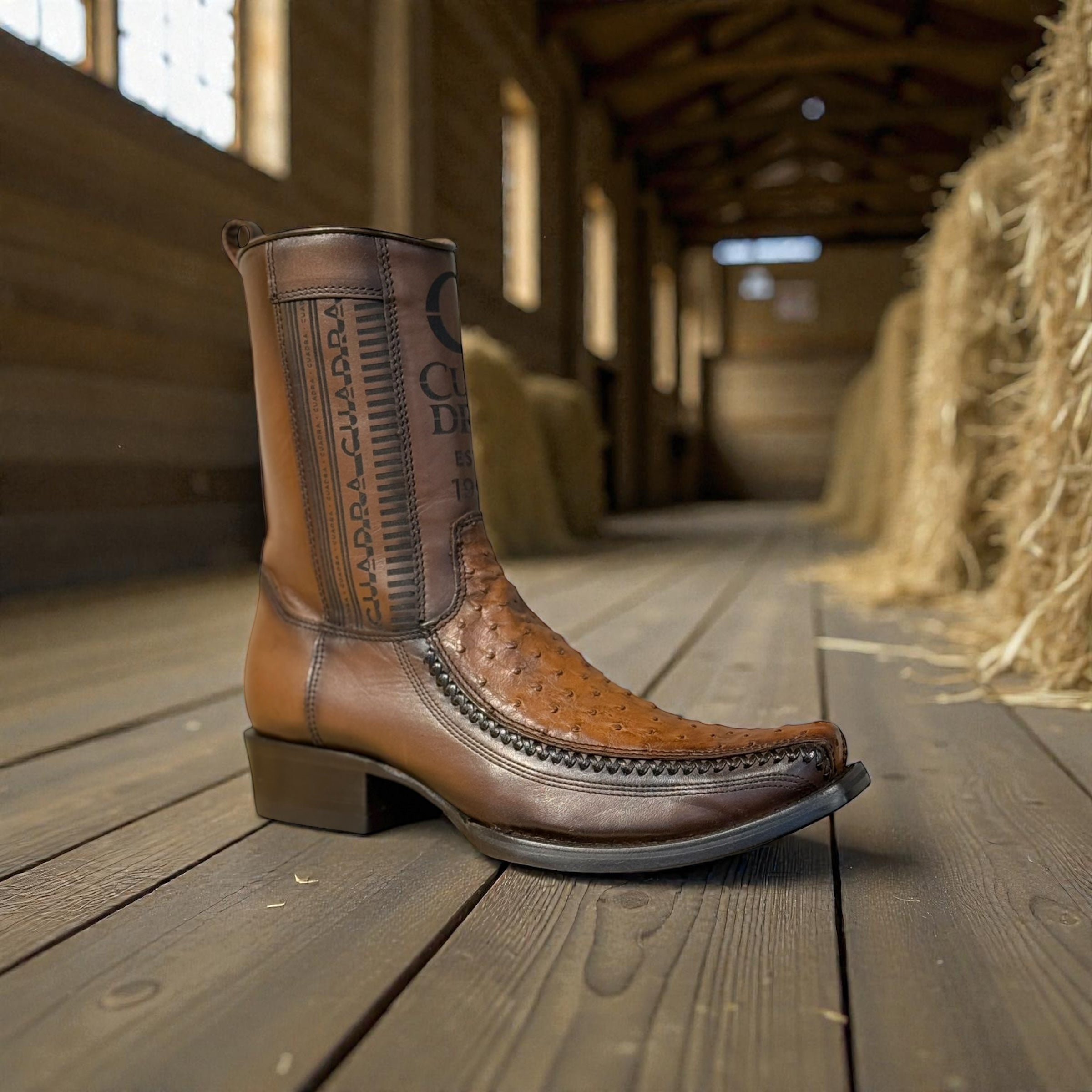 Men Moroni Chestnut Ostrich Laser & Woven Narrow Square Toe – Wide