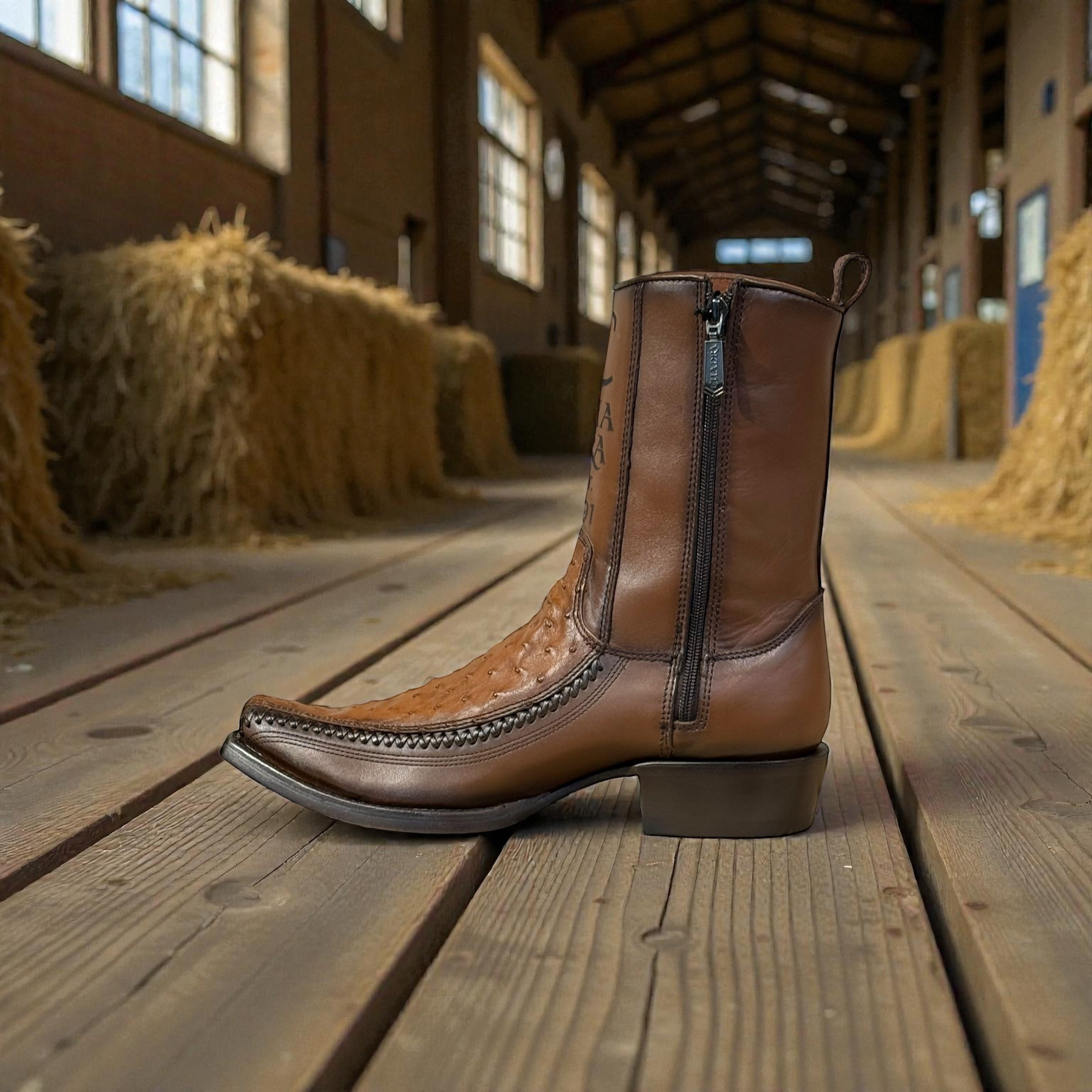 Men Moroni Chestnut Ostrich Laser & Woven Narrow Square Toe – Wide (EE)