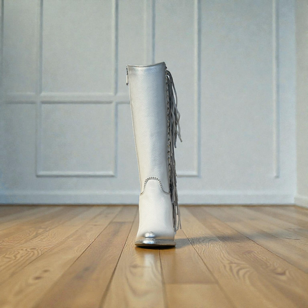 Lady Cordova White Zipper & Stud & Fringe Pointe