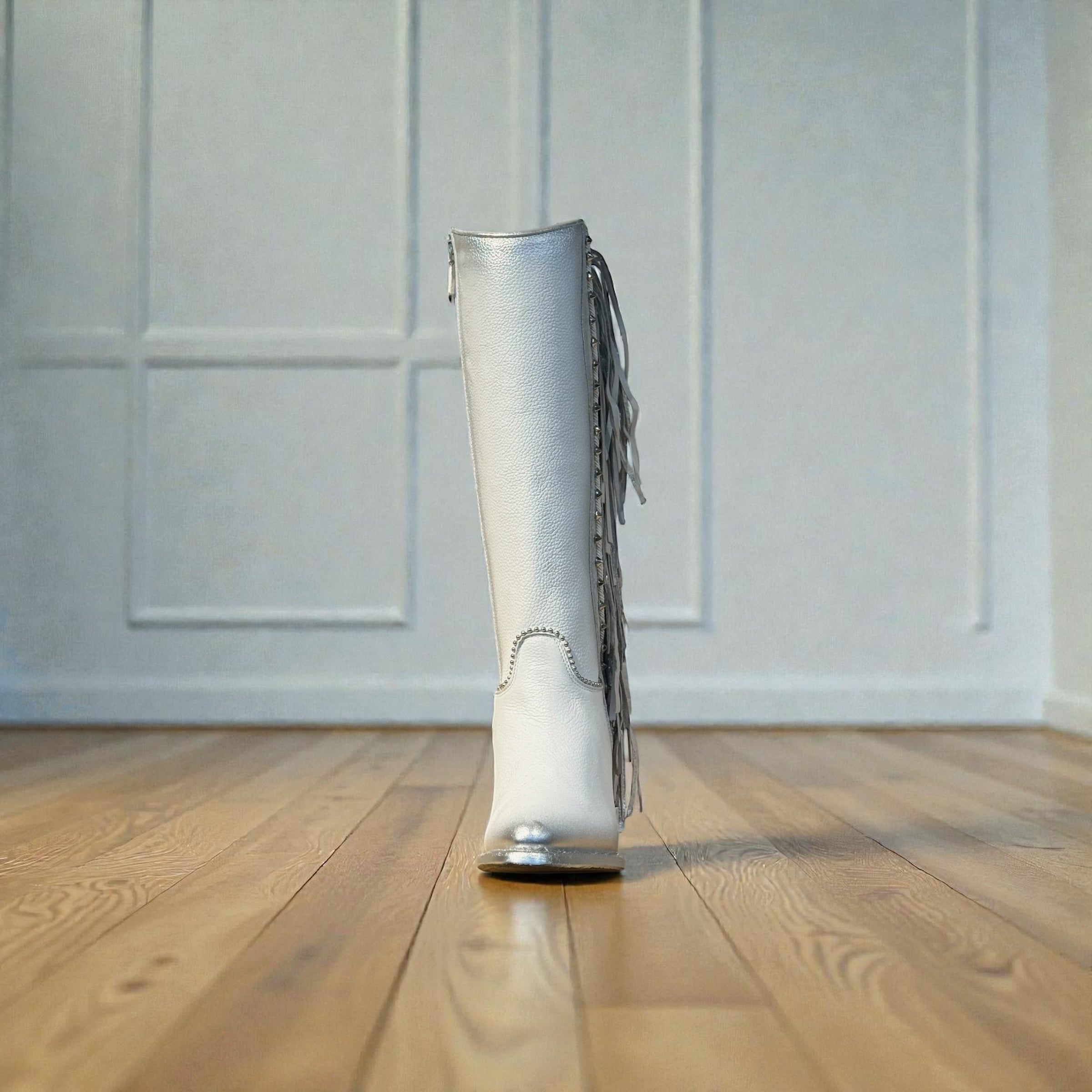 Lady Cordova White Zipper & Stud & Fringe Pointe