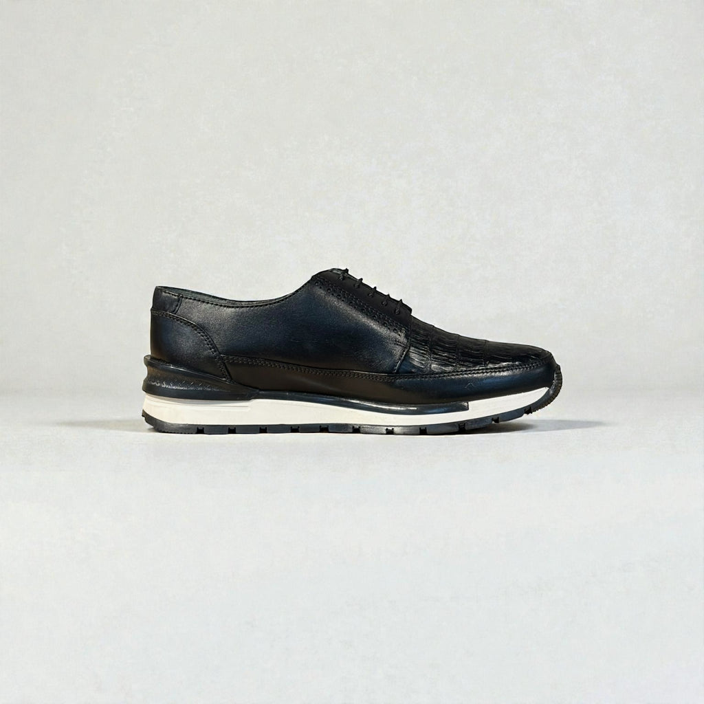 Men Black Caiman Lace Up Round Toe
