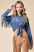 Women Western Fringe Denim Shirt